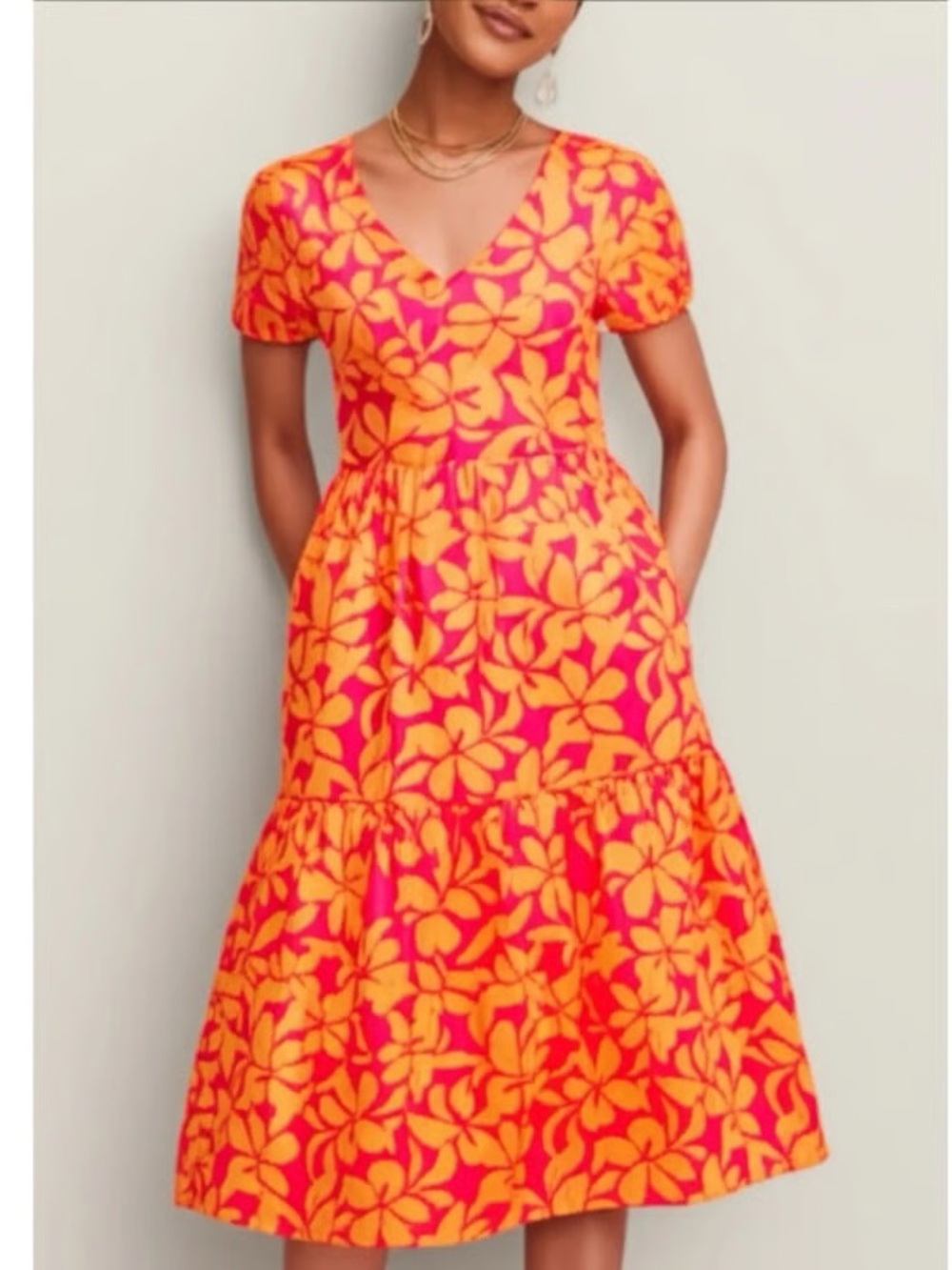 J. Crew Factory Pink and Orange Floral V-Neck Midi Dress